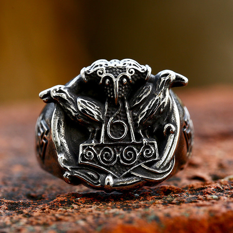 Mjolnir Raven Ring for men stainless steel