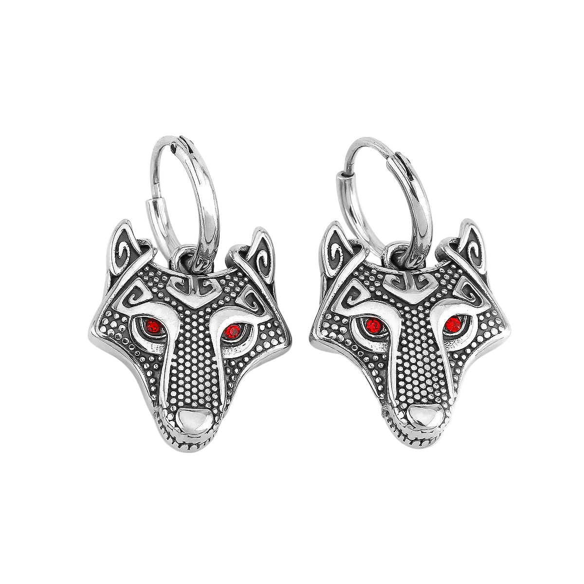 A pair of silver-toned wolf head hoop earrings with textured detailing and small red gemstone eyes, shown on a plain white background.