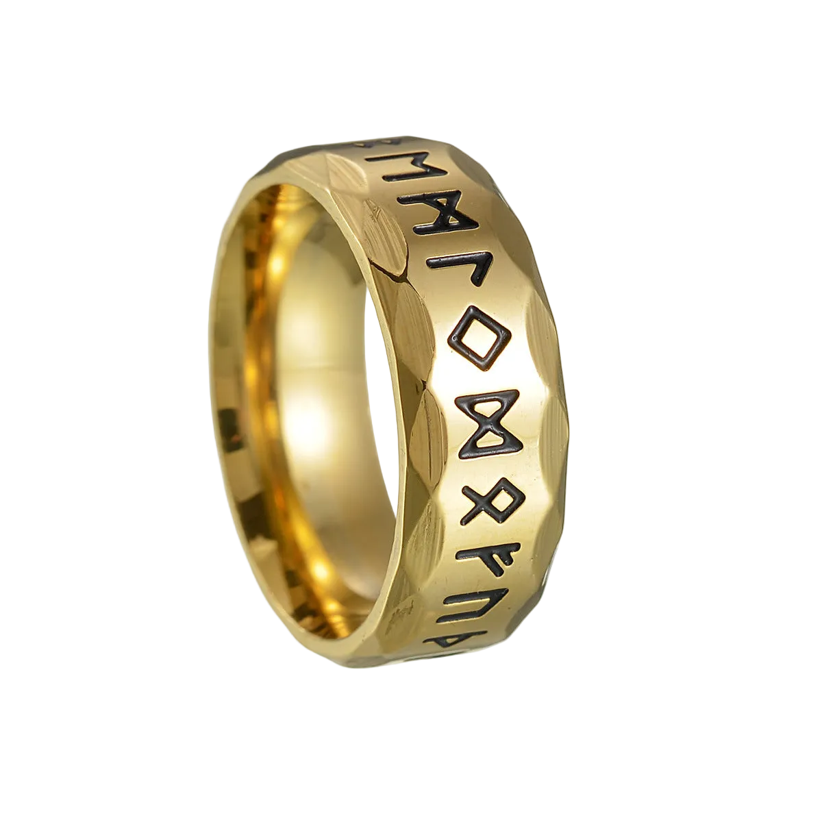 Gold ring with engraved symbols on a white background