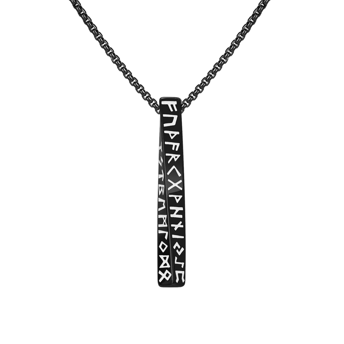 Black pendant with engraved symbols on a chain against a white background