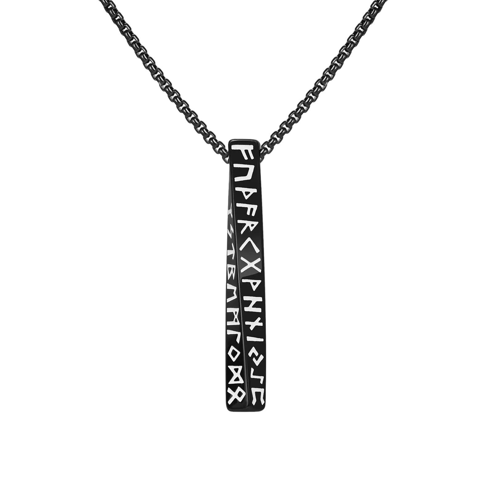 Black pendant with engraved symbols on a chain against a white background