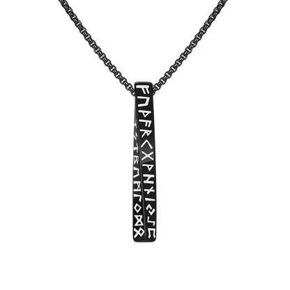 Black pendant with engraved symbols on a chain against a white background