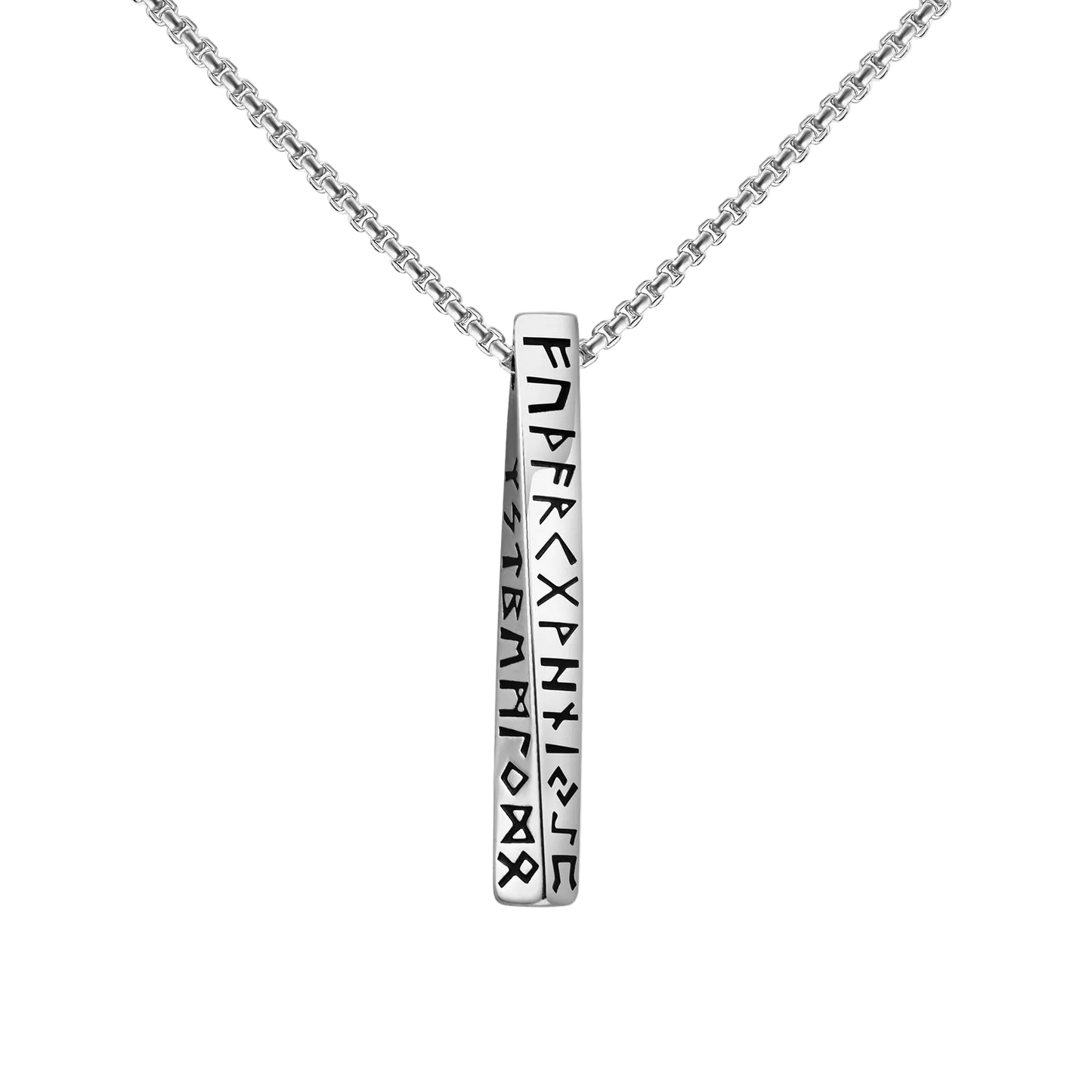 Silver necklace with a pendant featuring engraved symbols on a white background