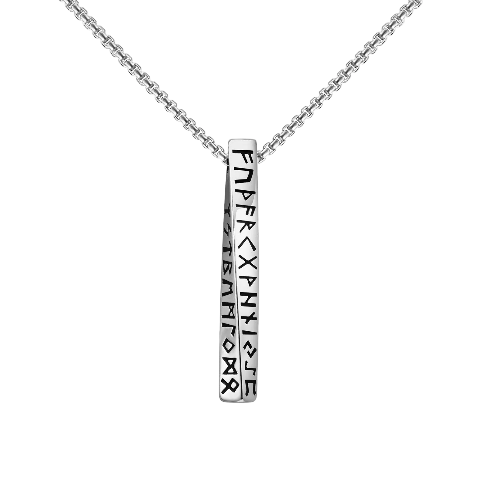 Silver necklace with a pendant featuring engraved symbols on a white background