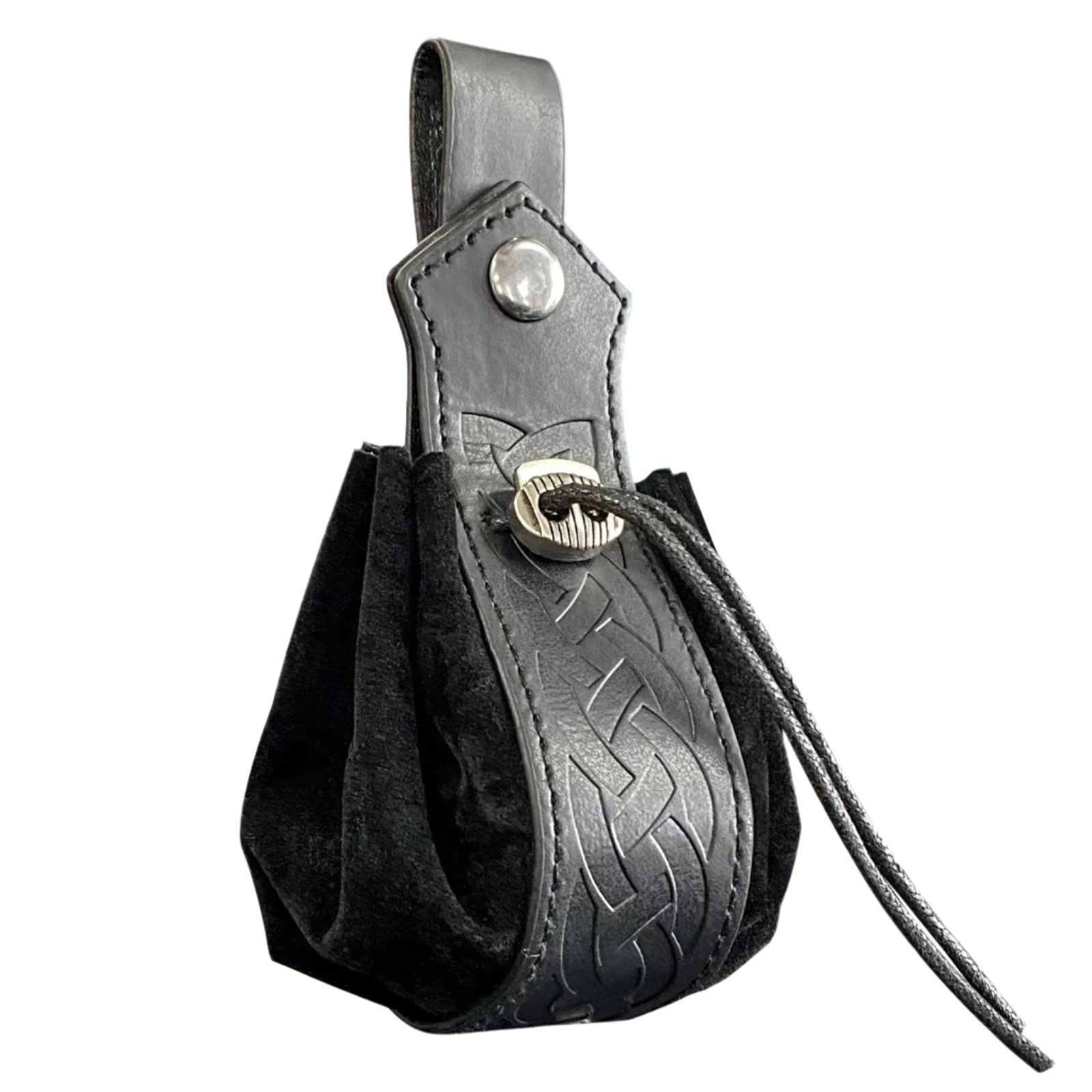 Black leather pouch with embossed design and strap on a white background