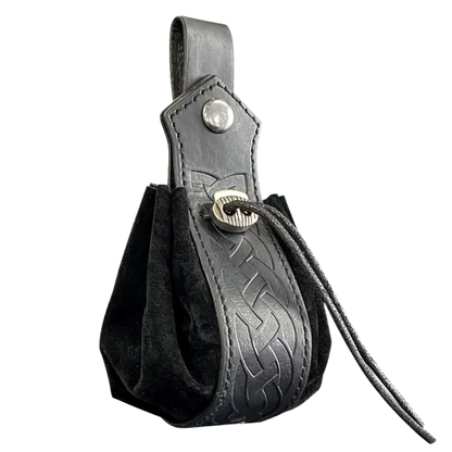 Black leather pouch with embossed design and strap on a white background