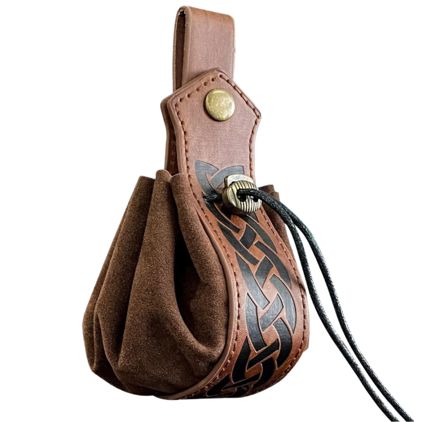Brown leather pouch with decorative pattern and button on a white background