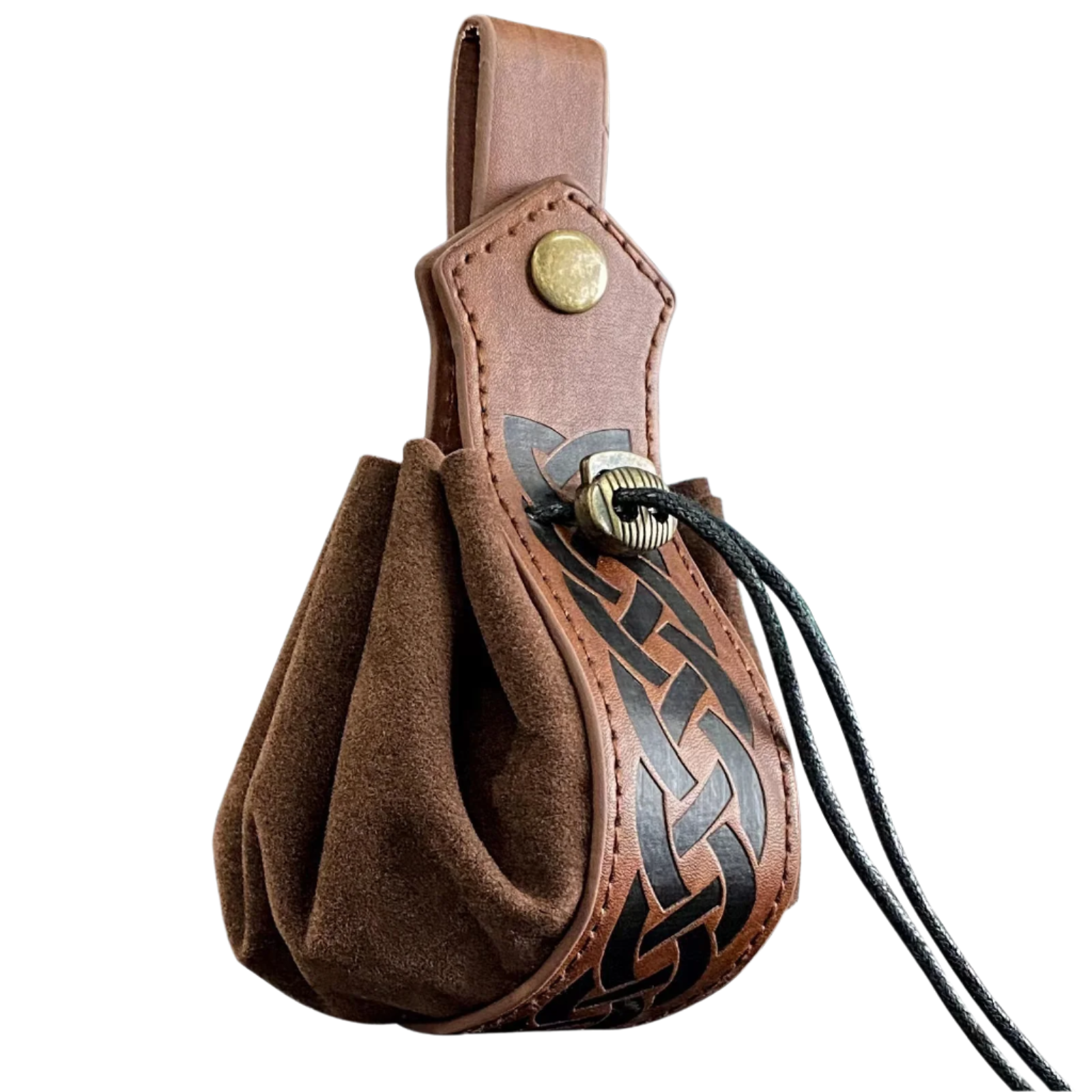 Brown leather pouch with decorative pattern and button on a white background