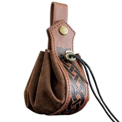 Brown leather pouch with decorative pattern and button on a white background