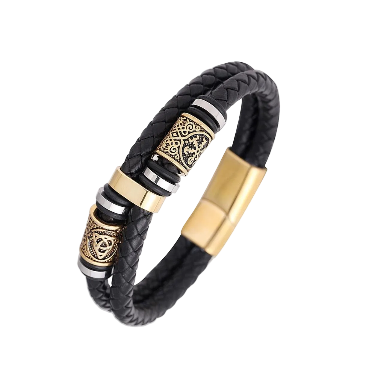Black braided leather bracelet with gold and silver metal accents on a white background